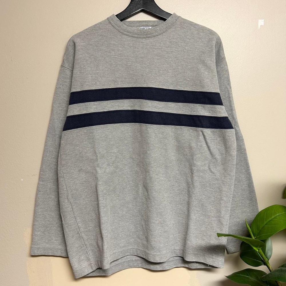 Vintage 90s Cherokee Grey Striped Waffle Knit Long Sleeve Shirt Mens M
